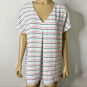 Ann Taylor LOFT Women’s NWT Size Large Striped Mixed Media V-Neck Pleat Top